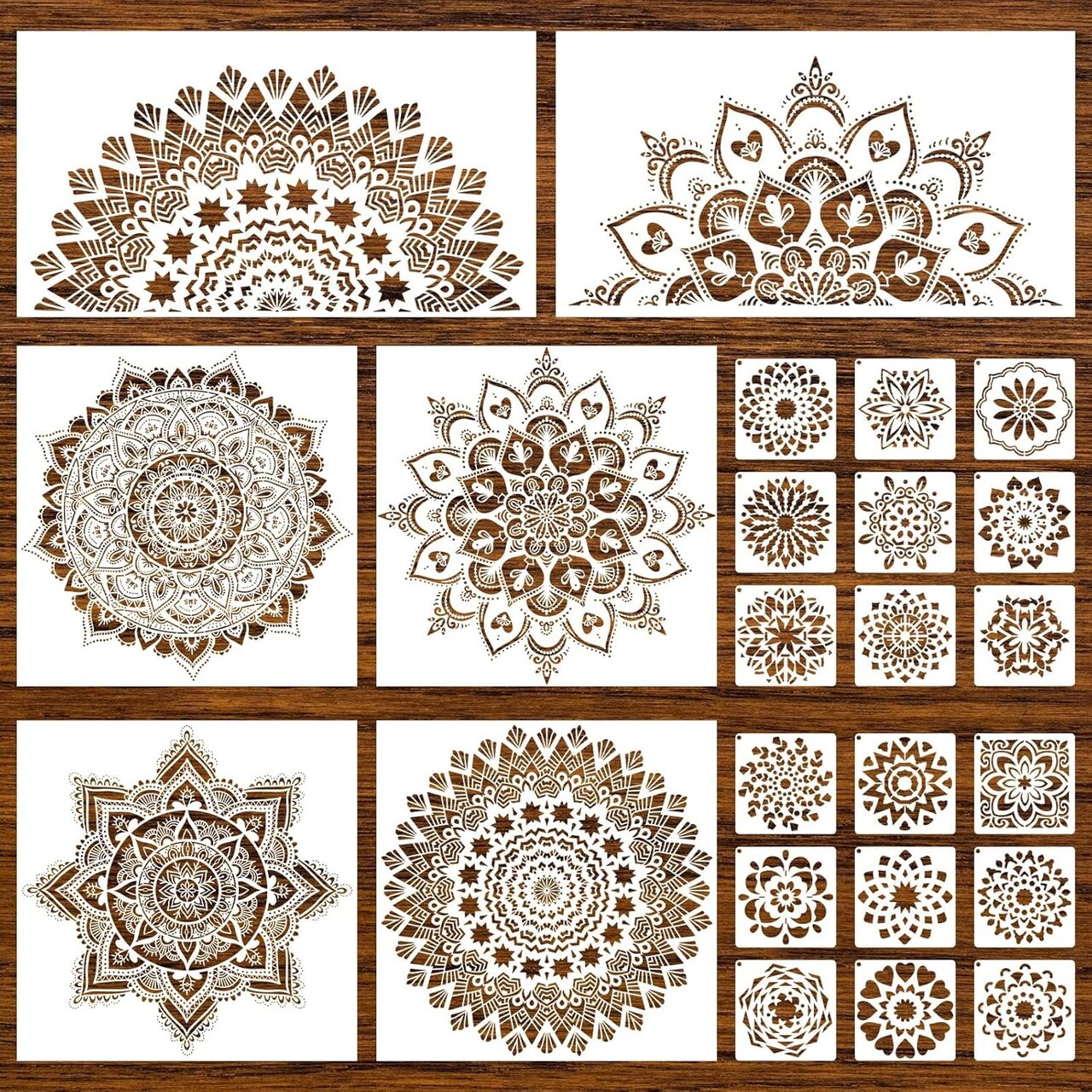 24PCS Mandala Stencils for Painting – Reusable Floral Mandala Templates for DIY Wall, Tile, Furniture, Canvas & Craft Decoration